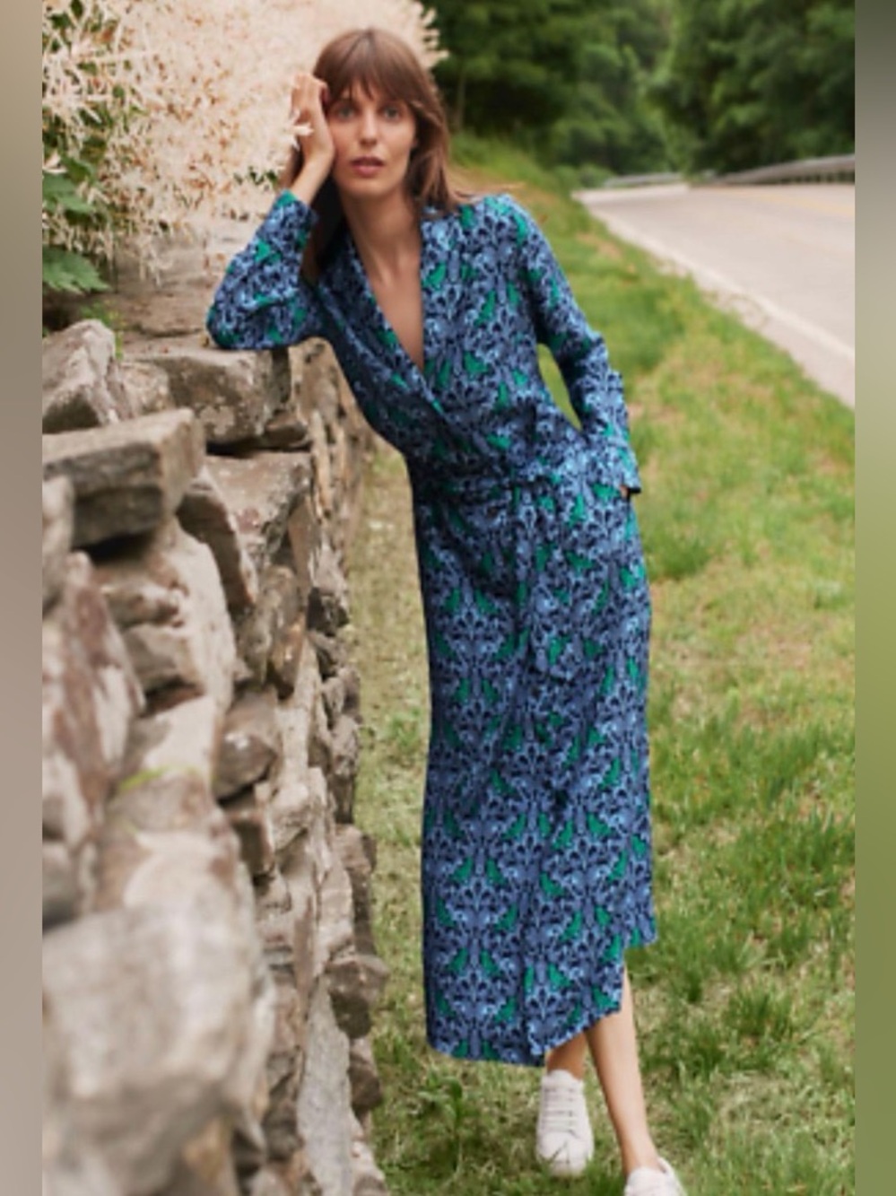 Boden Blue and Green Floral Bird Printed Midi Dress Size 16/18 - Picture 2 of 8